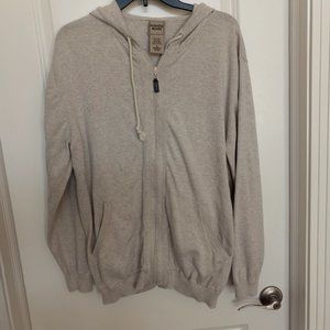 Scandia Woods Cotton Knit Cardigan Mens Sz M EUC Oat Heather Hood Zipper Pockets